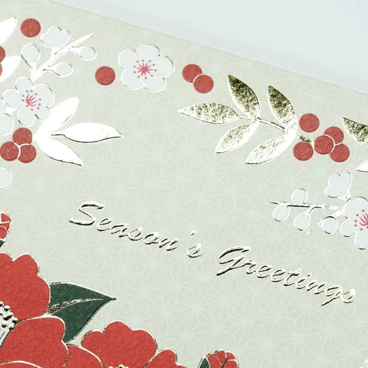 Japanese-Style Formal Card with Camellia and White Plum Blossoms