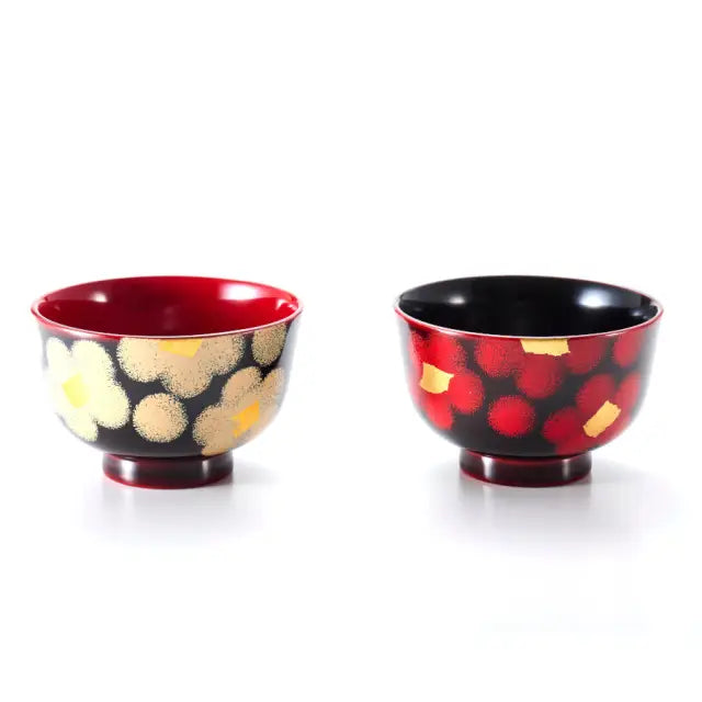 Pair of wooden bowls, red and white, lacquered, wooden bowls