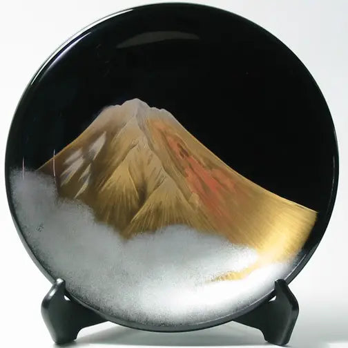Decorative plate, black, gold Fuji, wooden, lacquered,