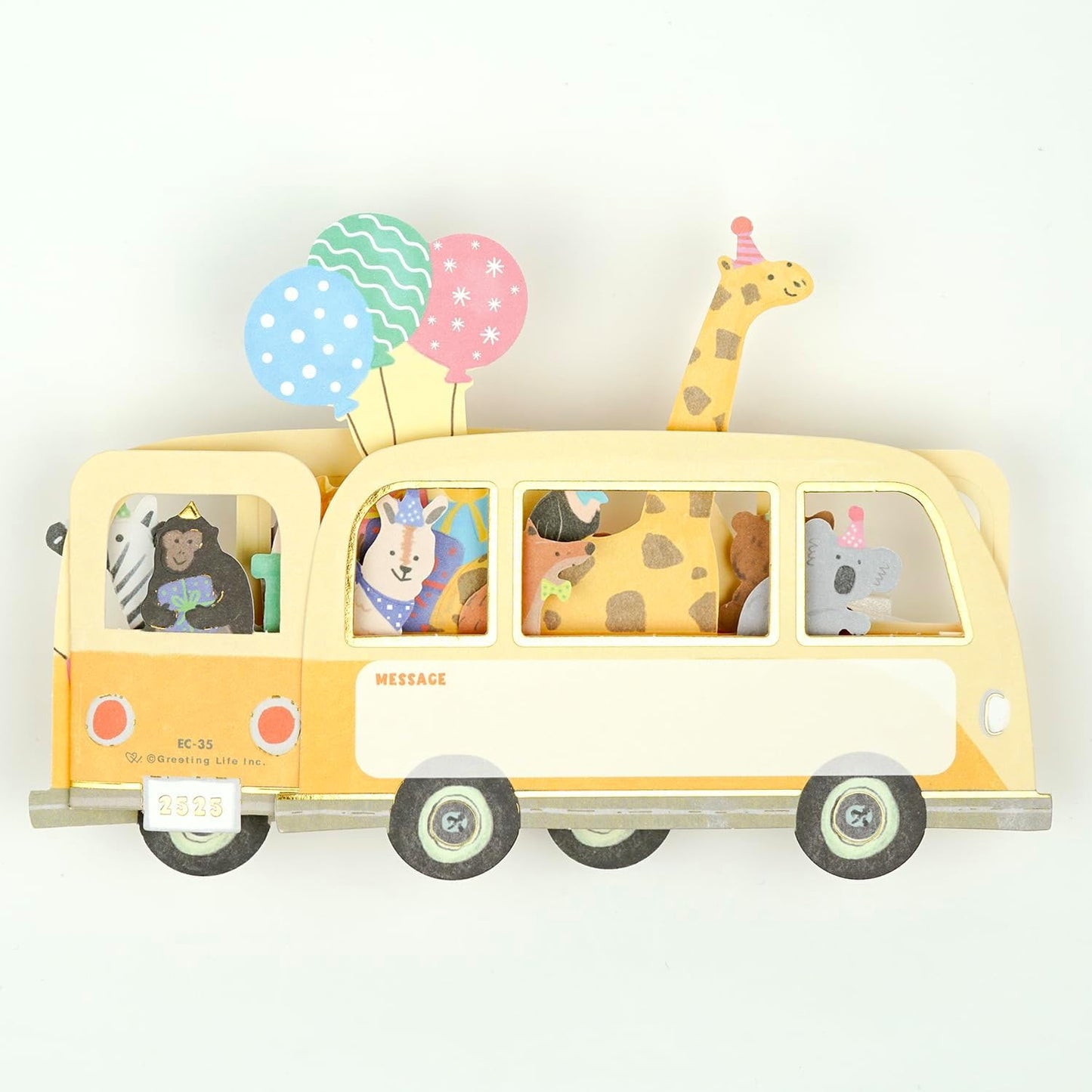 Greeting Life Birthday Card Party Bus Animal EC-35 Yellow