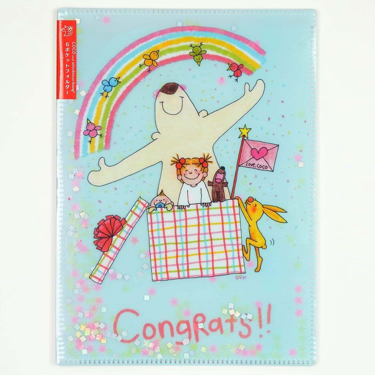 Coco-chan RYZ-1093 Greeting Life 6 Pocket Clear Holder File Open A5 Size Sequin Gift Box Light Blue