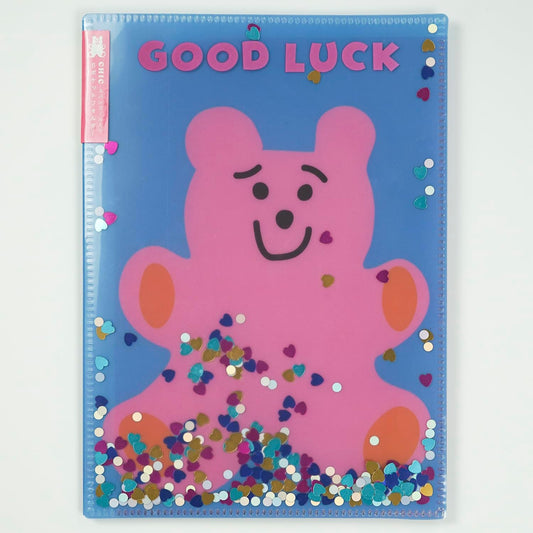 Chic Greeting Life 6 Pocket Clear Holder File Open A5 Size Sequin Bear MMZ-457 Blue