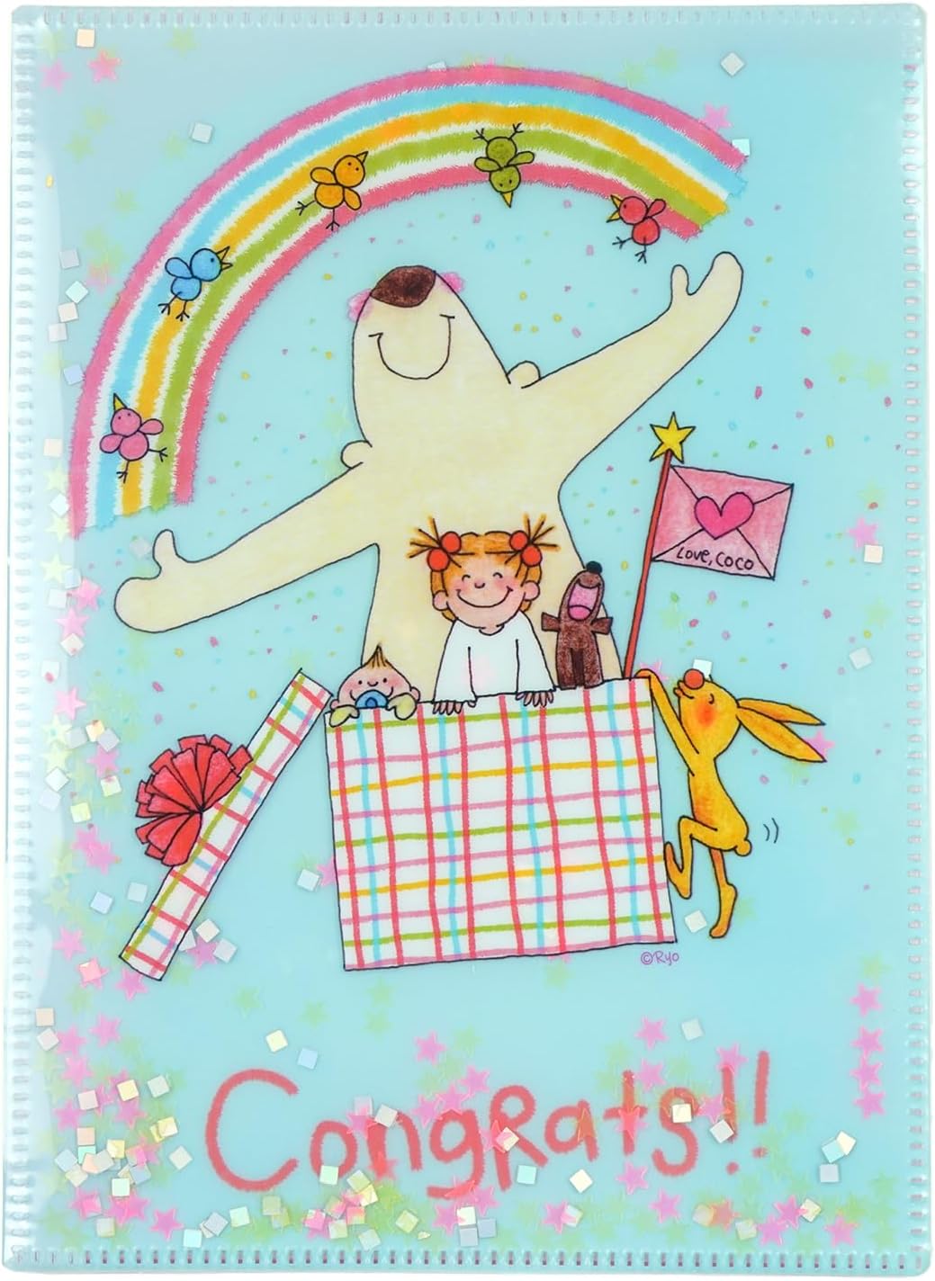 Coco-chan RYZ-1093 Greeting Life 6 Pocket Clear Holder File Open A5 Size Sequin Gift Box Light Blue