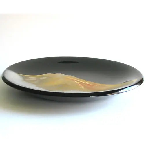 Decorative plate, black, gold Fuji, wooden, lacquered,