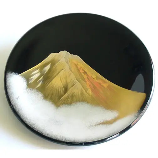 Decorative plate, black, gold Fuji, wooden, lacquered,