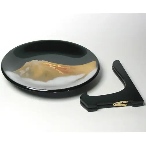 Decorative plate, black, gold Fuji, wooden, lacquered,