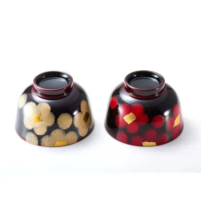 Pair of wooden bowls, red and white, lacquered, wooden bowls