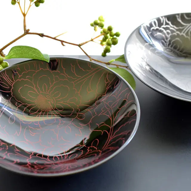 Bowl, Peony Carving, Red, Large, Lacquer, Medium Bowl