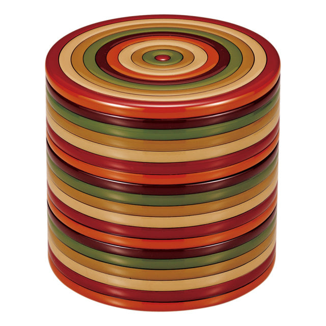 Round three-tiered bento box with spinning top pattern, wooden, lacquered bento box