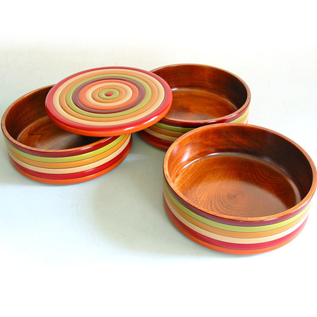 Round three-tiered bento box with spinning top pattern, wooden, lacquered bento box