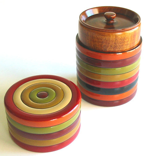 Large wooden tea caddy with spinning top pattern, lacquered