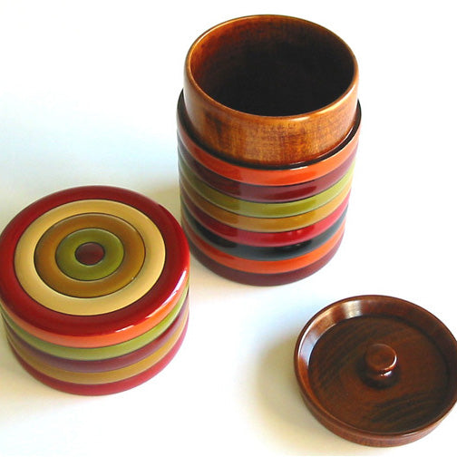 Large wooden tea caddy with spinning top pattern, lacquered