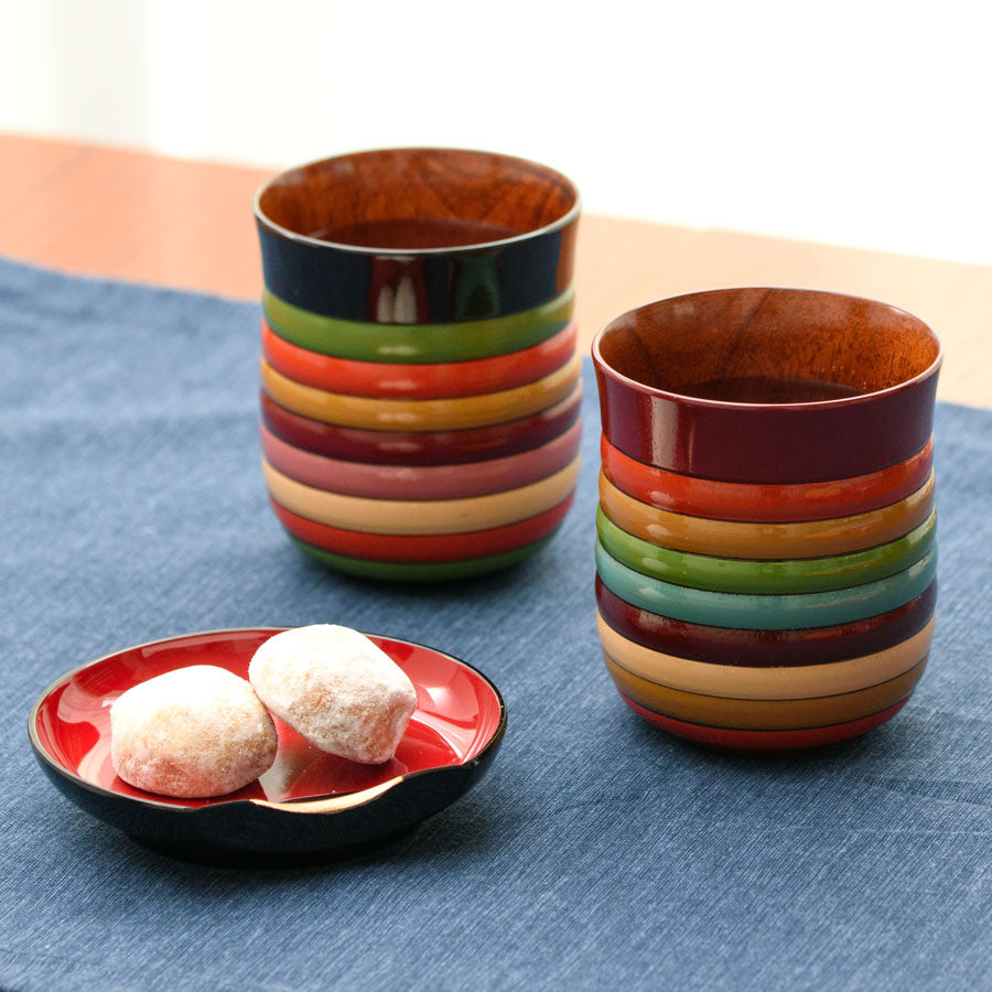 Teacup with spinning top design, Mizume cherry blossom, wooden, lacquered finish