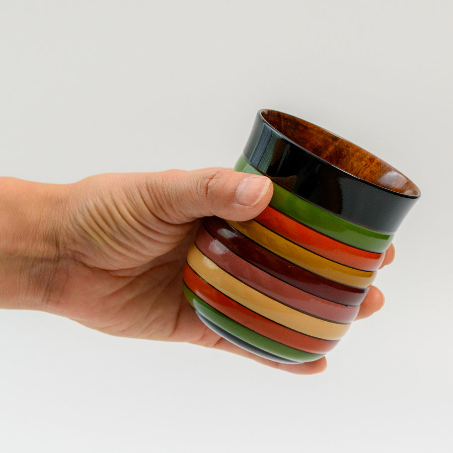 Teacup with spinning top design, Mizume cherry blossom, wooden, lacquered finish