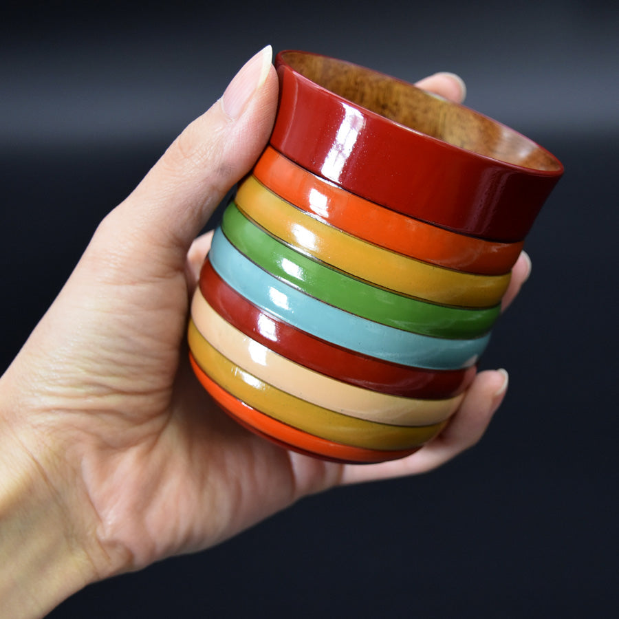 Teacup with spinning top design, Mizume cherry blossom, wooden, lacquered finish