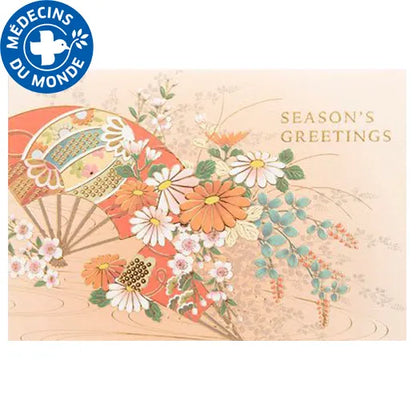 Japanese-Style Formal Card with Fan and Flowers.