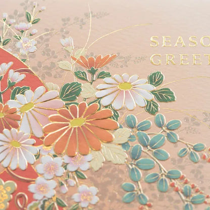 Japanese-Style Formal Card with Fan and Flowers.