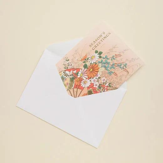 Japanese-Style Formal Card with Fan and Flowers.