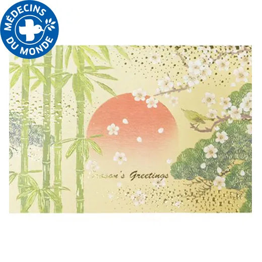 Japanese-Style Formal Card with a Japanese Bush Warbler, Pine, Bamboo, and Plum Blossom Design.