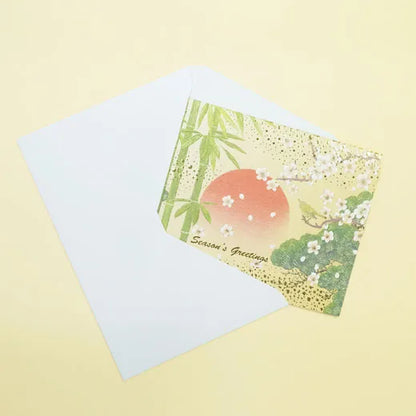 Japanese-Style Formal Card with a Japanese Bush Warbler, Pine, Bamboo, and Plum Blossom Design.