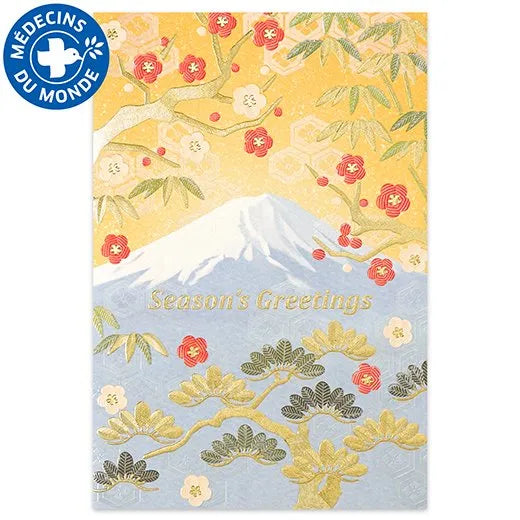 Japanese-Style Formal Card Embroidered with Pine, Bamboo, Plum, and Mt. Fuji