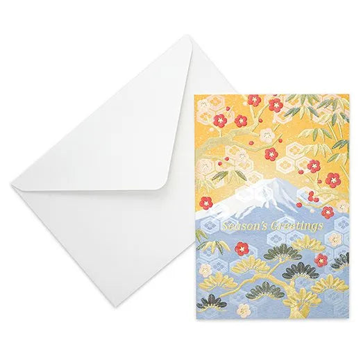 Japanese-Style Formal Card Embroidered with Pine, Bamboo, Plum, and Mt. Fuji