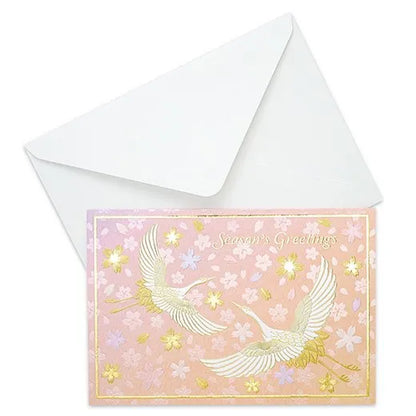 Japanese-Style Formal Card Embroidered with Crane and Cherry Blossom Design