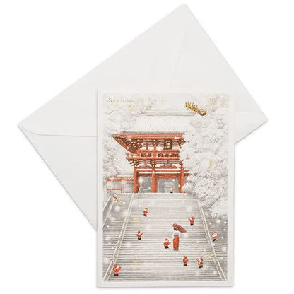 Japanese-Style Mini Santa Christmas Card, Snow Shrine