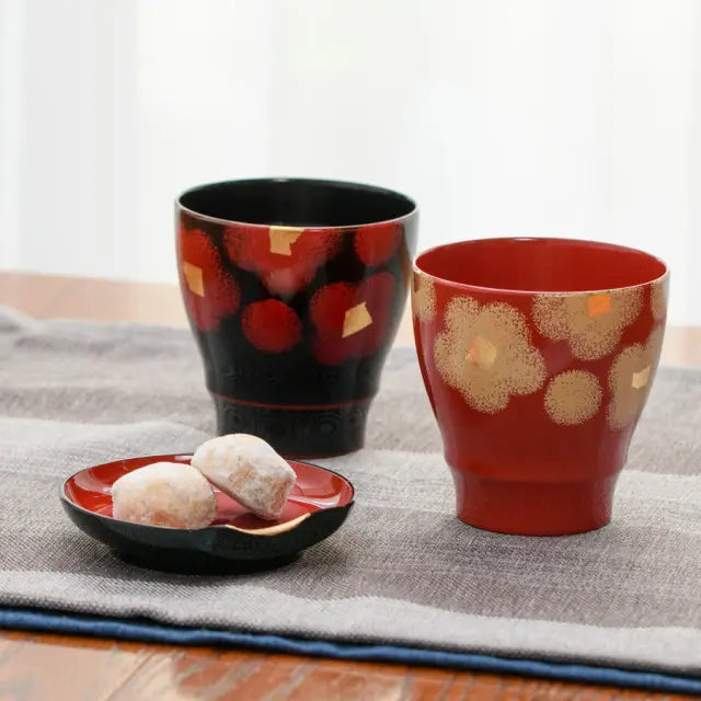 Pair of cups, red and white, lacquered
