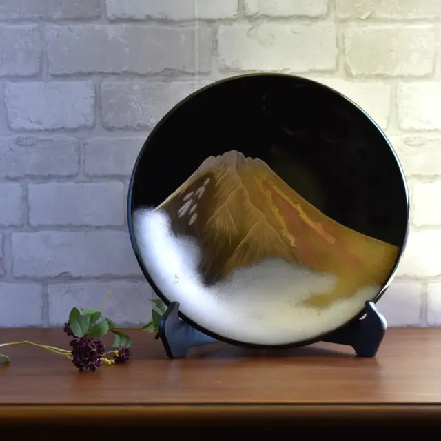 Decorative plate, black, gold Fuji, wooden, lacquered,
