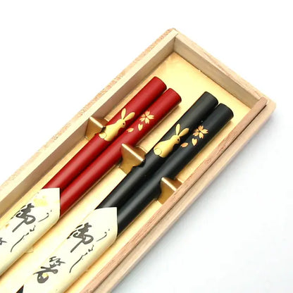 Couple chopsticks with flower rabbit design, wooden box